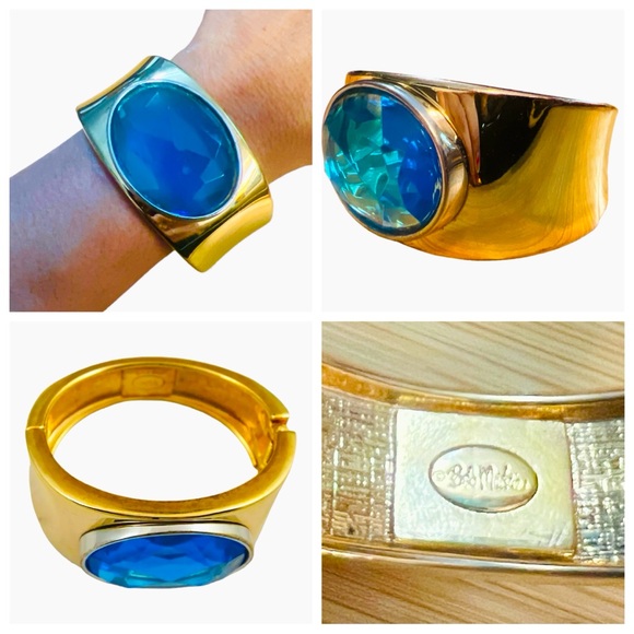 Wild 1980’s BOB MACKIE Wide Gold and Blue Hinged Statement Bracelet, Glam - Picture 1 of 9